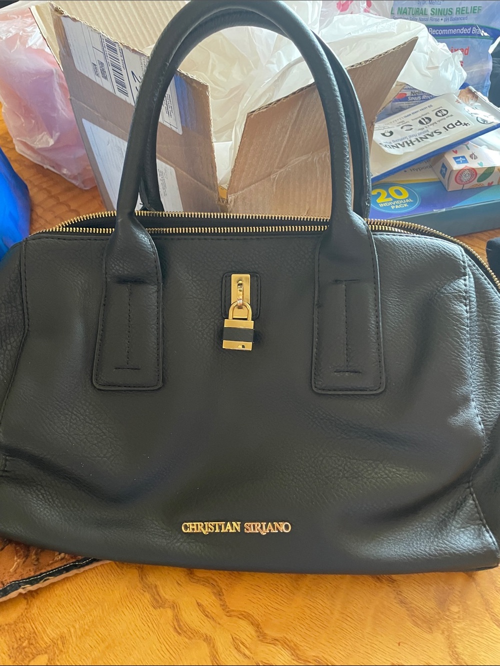 Christian Siriano Black Leather Satchel with Gold Lock Detail